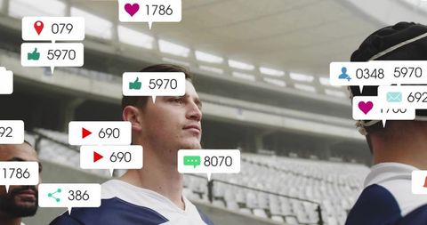 Center player looking right with social media engagement overlays around team in stadium