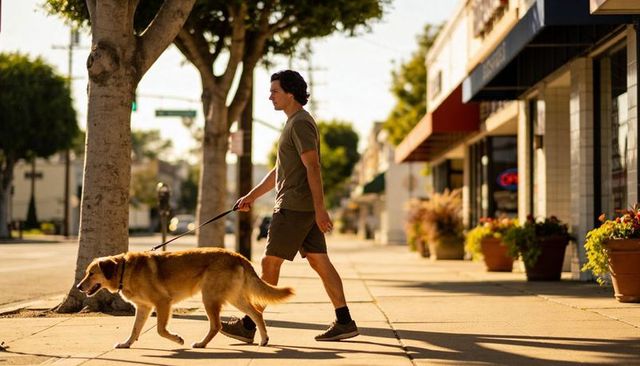 Man walking golden retriever on sunny urban sidewalk with storefronts and planters