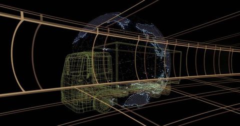 Futuristic Wireframe Truck in Virtual Neon Grid Tunnel