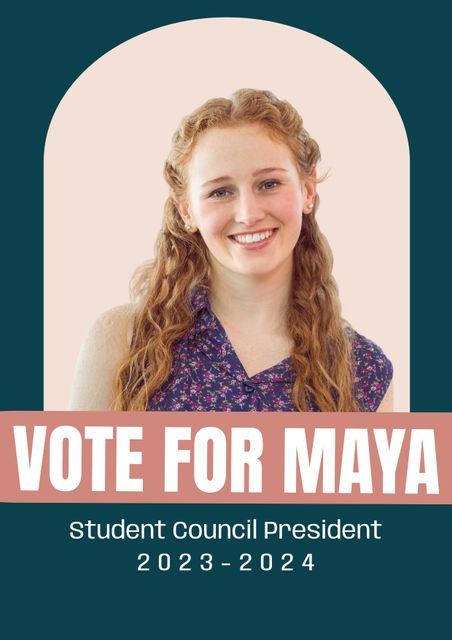 Ideal for promoting school elections and campaigns, this template features a smiling red-haired caucasian girl running for student council president. Use to motivate and encourage student participation in voting and leadership activities.