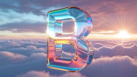 Levitating iridescent 3d letter b over a pastel cloudscape