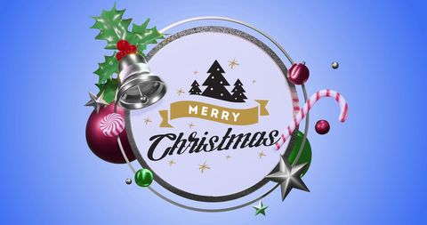 Merry Christmas Greeting With Ornaments on Blue Background