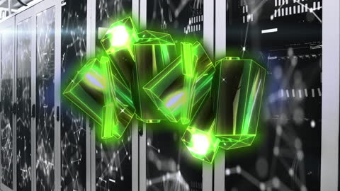 Digital Green Crystals Over Modern Servers Representing Data Flow