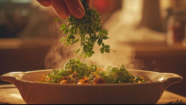Garnishing Steaming Vegetable Dish with Fresh Parsley