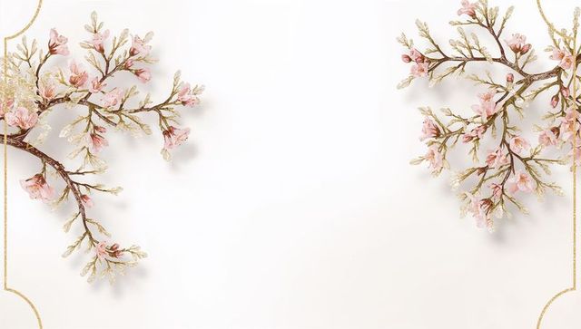 Blossom branches framing elegant cream card with pink flowers and gold accents