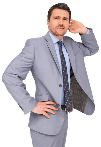 Image shows Caucasian businessman thinking with hand on chin against transparent background. Wearing a suit, represents concepts of strategy, decision making, and professionalism. Use for business, corporate environments, decision-making themes, or advertisements.