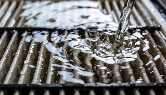 Pouring water creating ripples and bubbles on ribbed metal grate macro closeup texture