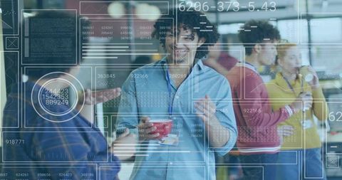 Tech-driven office breakroom networking augmented interface overlay and team collaboration