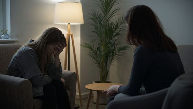 Woman holding head during counseling session while therapist listening in living room