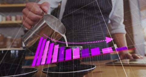 Barista pouring milk into espresso cup with magenta growth chart overlay