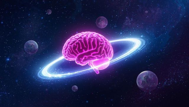 Neon-pink brain orbiting icy-blue ring in deep space starfield, futuristic surreal concept