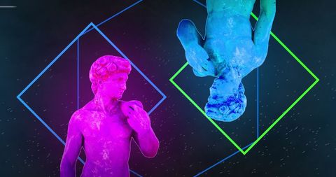 Neon Glitch Art with Futuristic Statues and Geometric Shapes