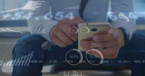 Business Professional Analyzing Data on Smartphone with Financial Overlays