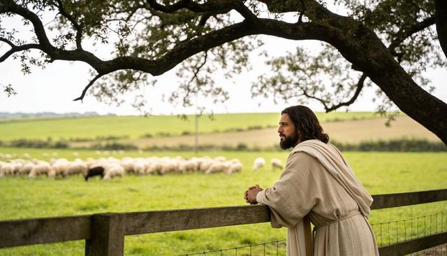 Contemplative shepherd watching grazing flock beneath oak tree by wooden fence countryside