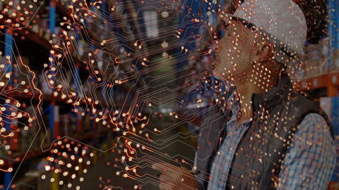 Warehouse Worker Analyzed Through Digital Circuit Element Overlay