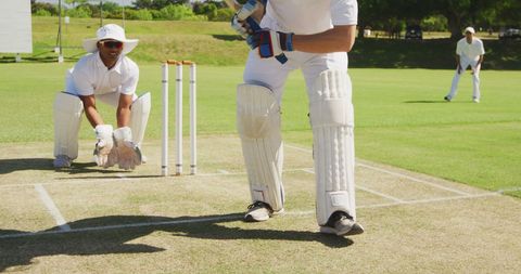 Cricketers Engaged in Match on Sunny Day - Download Free Stock Images Pikwizard.com