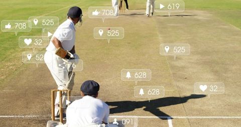 Sunlit cricket batsman facing bowler on pitch with social media engagement overlays
