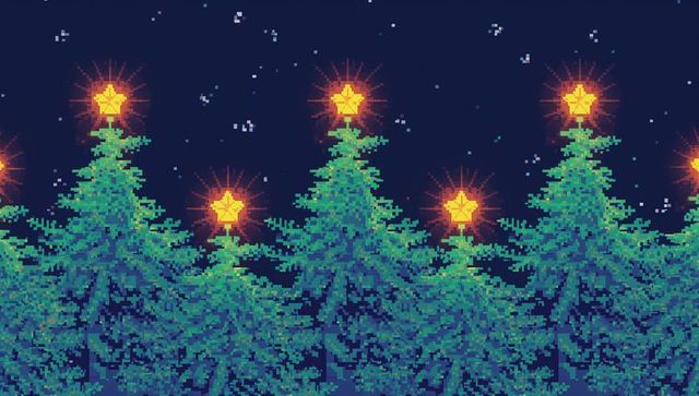 Retro pixel art fir tree banner with glowing six-pointed star toppers on night sky