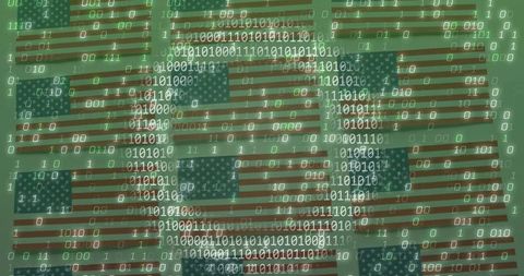 Displaying tiled us flags with floating binary code conveying digital security