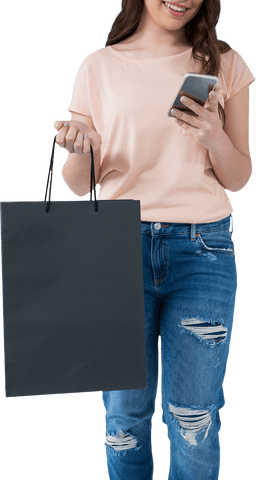 Caucasian Woman Shopping with Smartphone and Bag Transparent Background