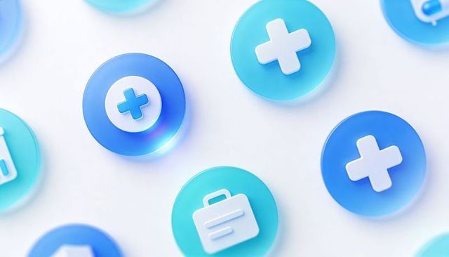 Glossy blue medical plus and briefcase icons floating on white circular button layout