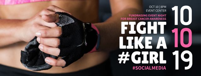 Promoting a breast cancer awareness event, the image features a close-up of a woman's clenched fist, symbolizing strength and the fight against cancer. Ideal for social media campaigns, the template can also be adapted for fitness or empowerment events.