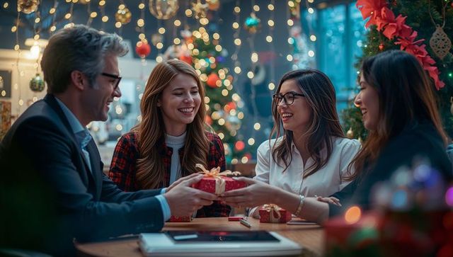 Team Celebrating Holiday Season in Office with Gift Exchange