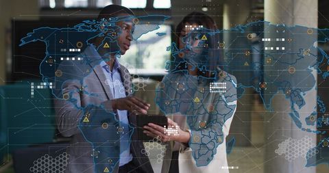 Global business strategy discussion in modern office