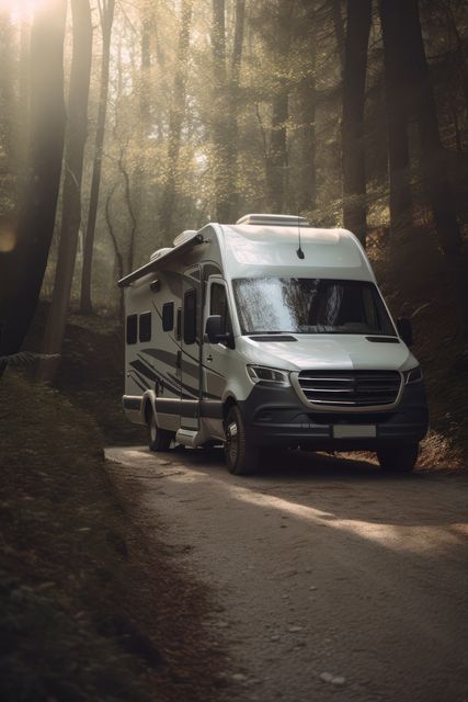 Modern recreational vehicle driving through a serene forest on a misty morning. Ideal for themes of adventure, nature exploration, and travel. Perfect for promoting outdoor activities, camping perks, RV lifestyle, and nature retreats.