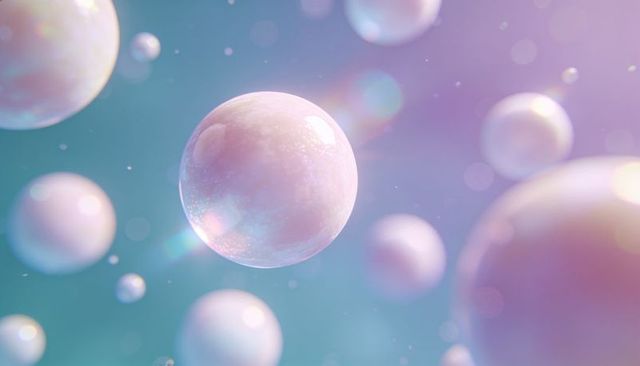 Floating pearlescent orbs in teal-pink bokeh, dreamy iridescent abstract background