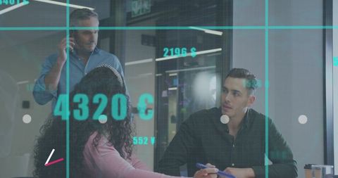 Colleagues reviewing turquoise financial dashboard on glass in modern office team meeting