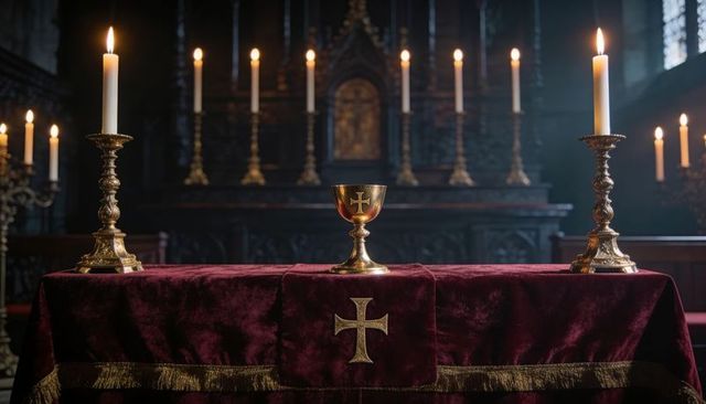 Glowing gilded chalice resting on burgundy velvet altar cloth at church with lit candles