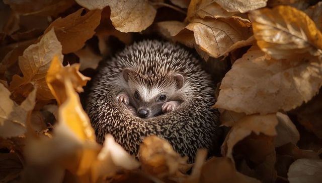 Curled hedgehog resting in autumn leaves closeup showing spines and tiny paws