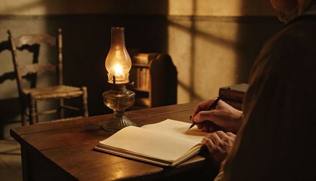 Man Writing by Oil Lamp at Wooden Desk in Rustic Study with Warm Amber Lighting