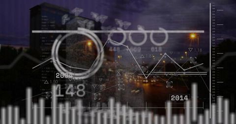 Cityscape Night Driving Overlaying Data Analytics HUD and Neon Dashboard Visualization