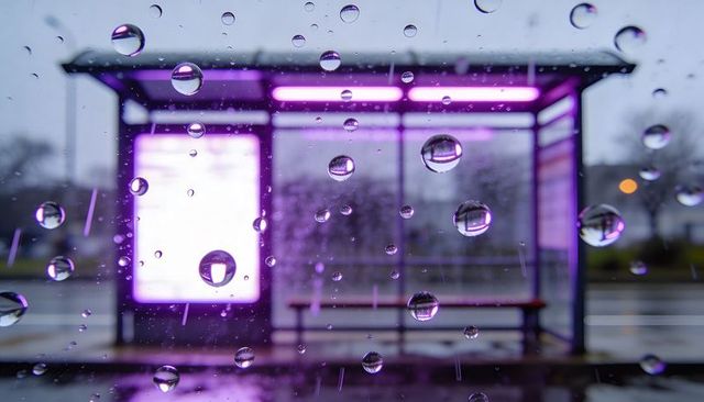 Glowing neon bus shelter reflecting raindrops on glass with purple led lights