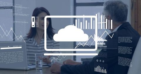 Executives discussing cloud analytics and data visualization in modern boardroom meeting