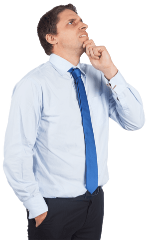 Pensive businessman with blue tie reflecting