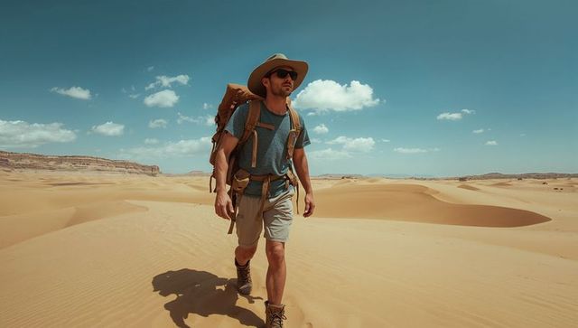 Solo hiker trekking across sunlit desert dunes with backpack, brimmed hat and sunglasses