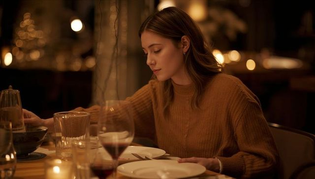 Woman Reaching Across Candlelit Dinner Table in Ribbed Rust-Brown Sweater, Intimate Evening