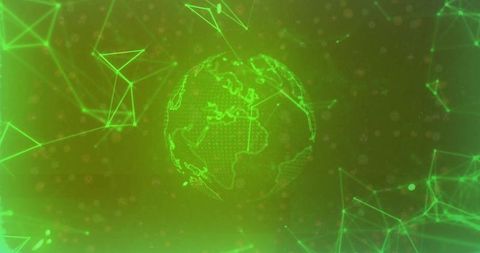 Neon Green Holographic Globe with Network Nodes Wireframe Lattice Virtual HUD Data