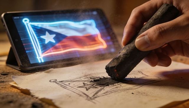 Artist hand sketching puerto rico flag with charcoal stick and neon tablet reference