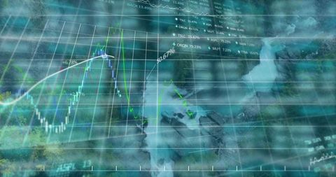 Financial data overlaying waterfall gorge aerial view showing market volatility and nature