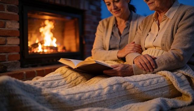 Mother and daughter reading together by fireplace under cable-knit blanket, cozy evening