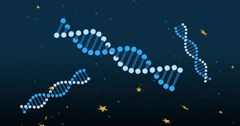 Floating DNA Helices Drifting Through Cosmic Blue Gradient with Gold Stars, Glowing Nodes