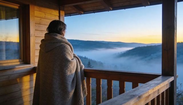 Woman wrapped in wool blanket gazing over misty valley from wooden cabin balcony at sunrise