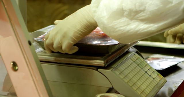 Close Up of Butcher Weighing Packaged Meat on Scale - Download Free Stock Images Pikwizard.com