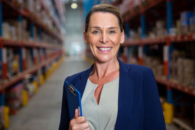Businesswoman smiling while holding a clipboard in a warehouse. Ideal for use in articles or advertisements related to logistics, supply chain management, warehouse operations, leadership, and professional environments.