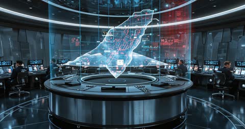 Futuristic Operations: Holographic Map in High-Tech Control Room