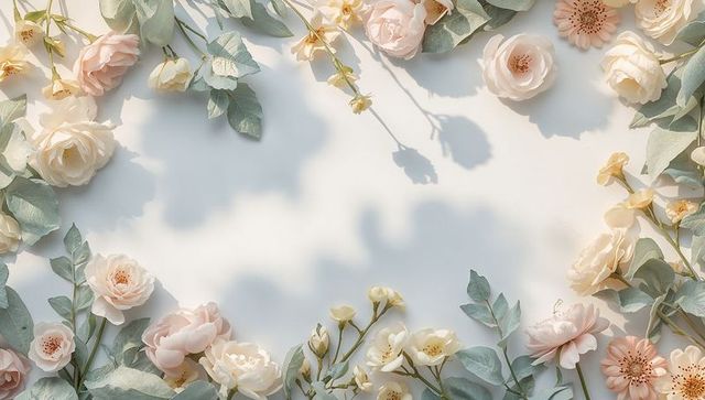 Soft pastel floral border framing roses, peonies, eucalyptus on cream backdrop for wedding